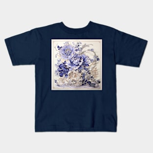 Blue and White Chinoiserie Style Peonies Kids T-Shirt